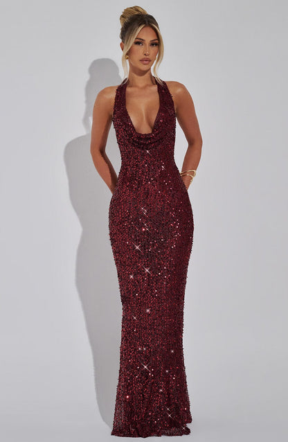 Perrine | Cowl Neck Halter Open Back Glitter Maxi Dress