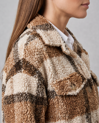 Amelia | Oversized Plaid Teddy Sherpa Longline Jacket