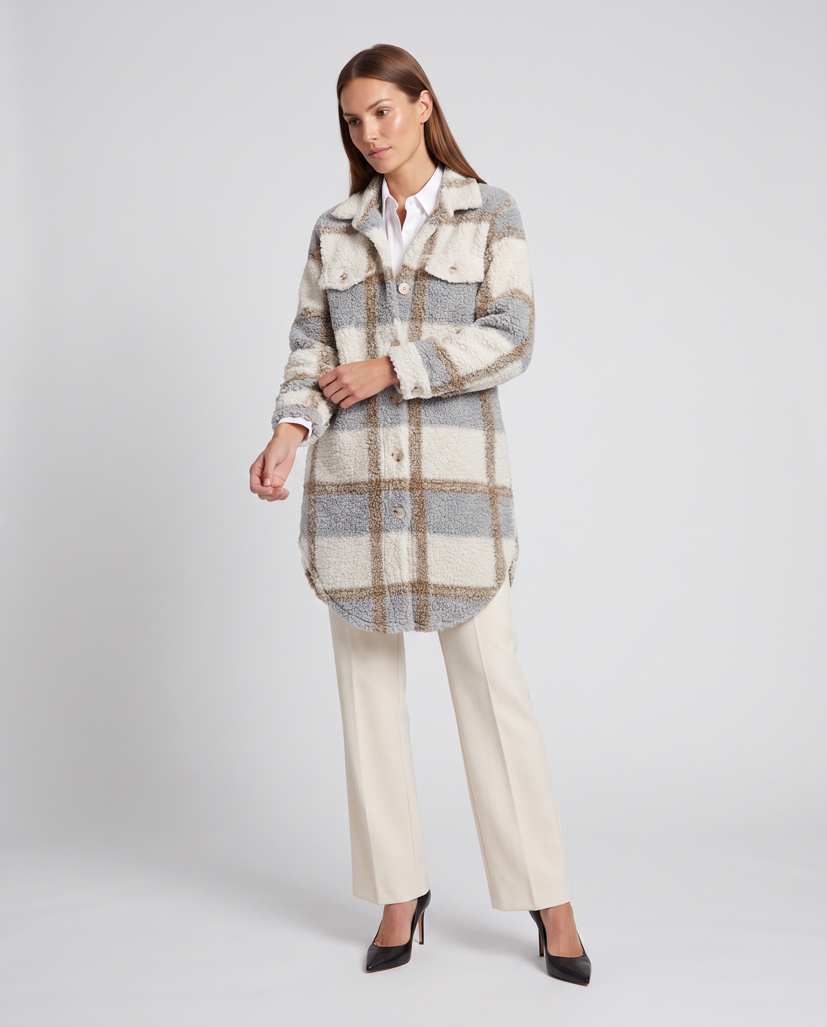 Amelia | Oversized Plaid Teddy Sherpa Longline Jacket