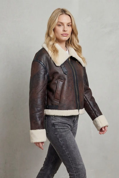 Magen | Shearling Trim Cropped Aviator Jacket
