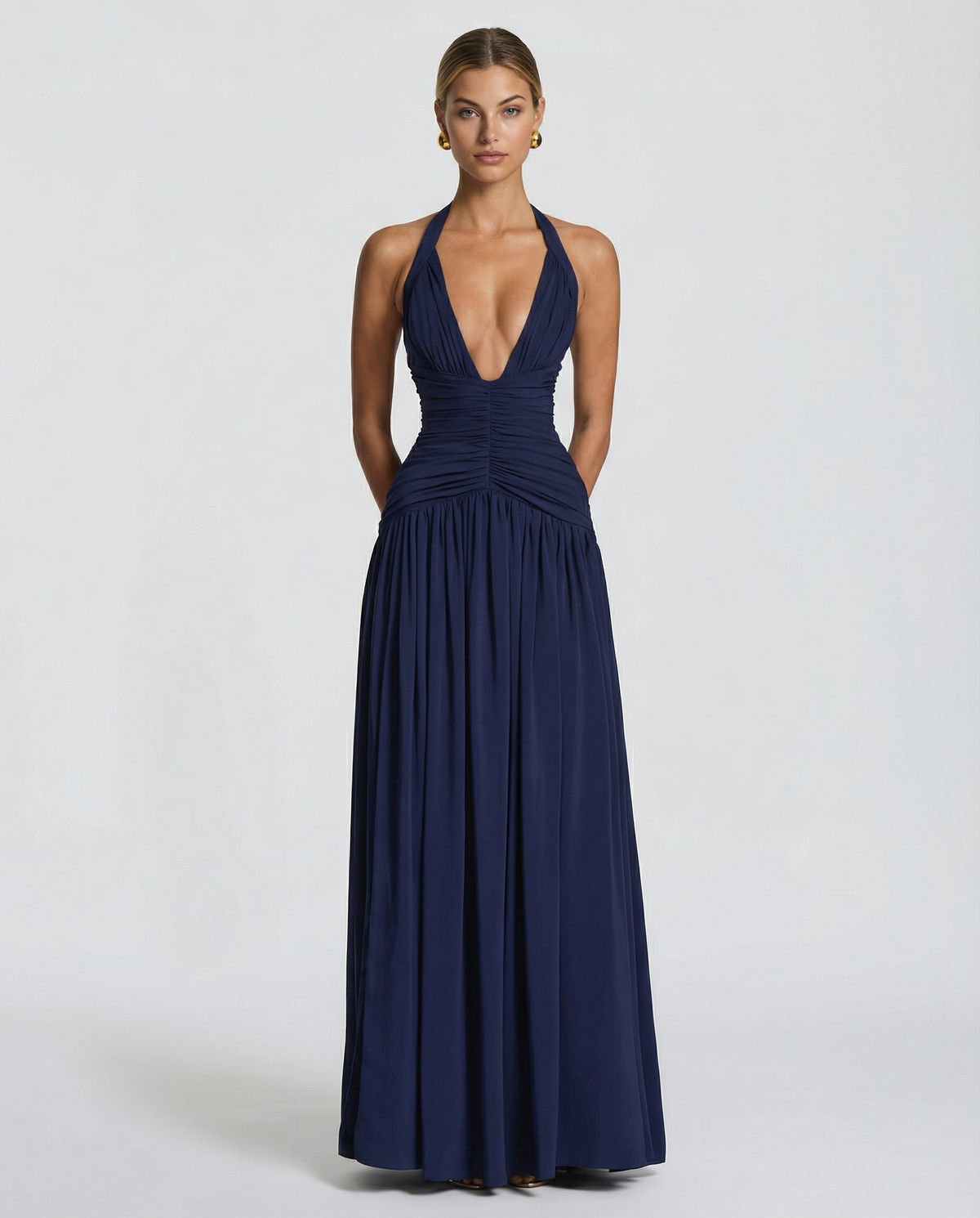 Margaret Ruched Halter Neck Maxi Dress