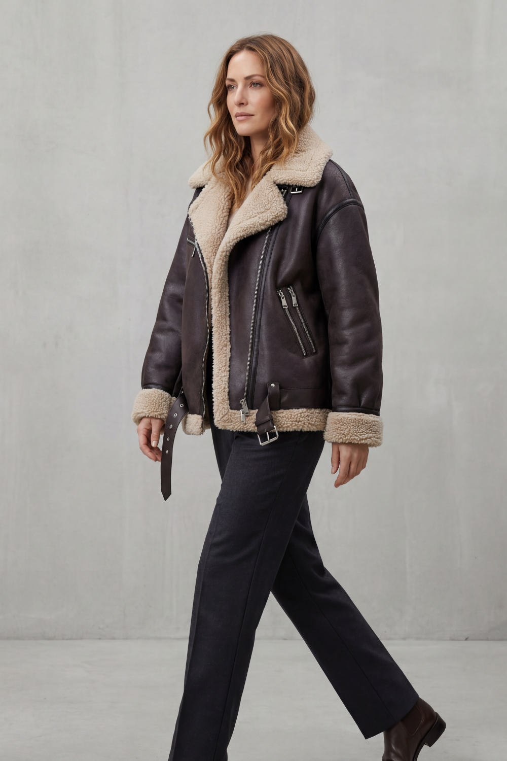 Megan | Shearling Collar Oversized Aviator Jacket