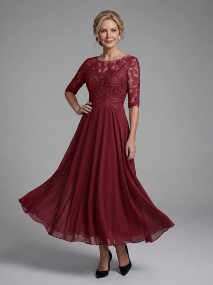Mila | Lace Bodice Sheer Sleeve Midi Dress