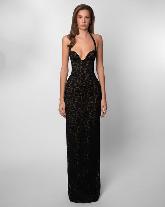 Monique Lace Halter Corset Maxi Dress