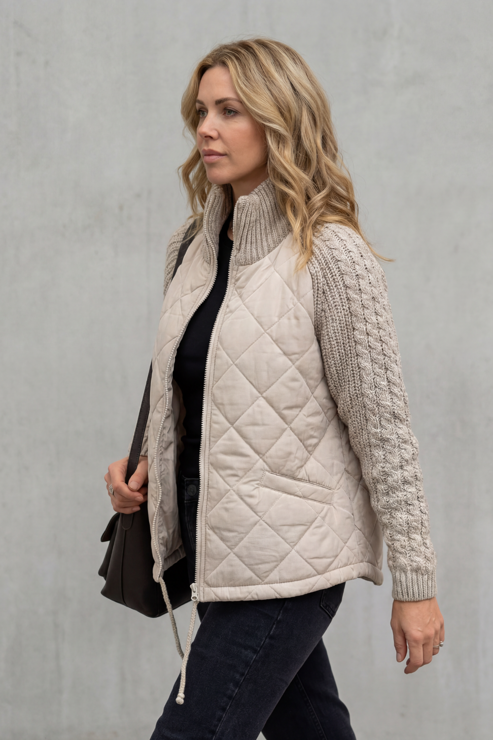 Norcetta | Quilted Cable Knit Sleeve Zip Up Jacket