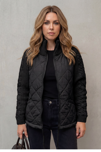 Norcetta | Quilted Cable Knit Sleeve Zip Up Jacket
