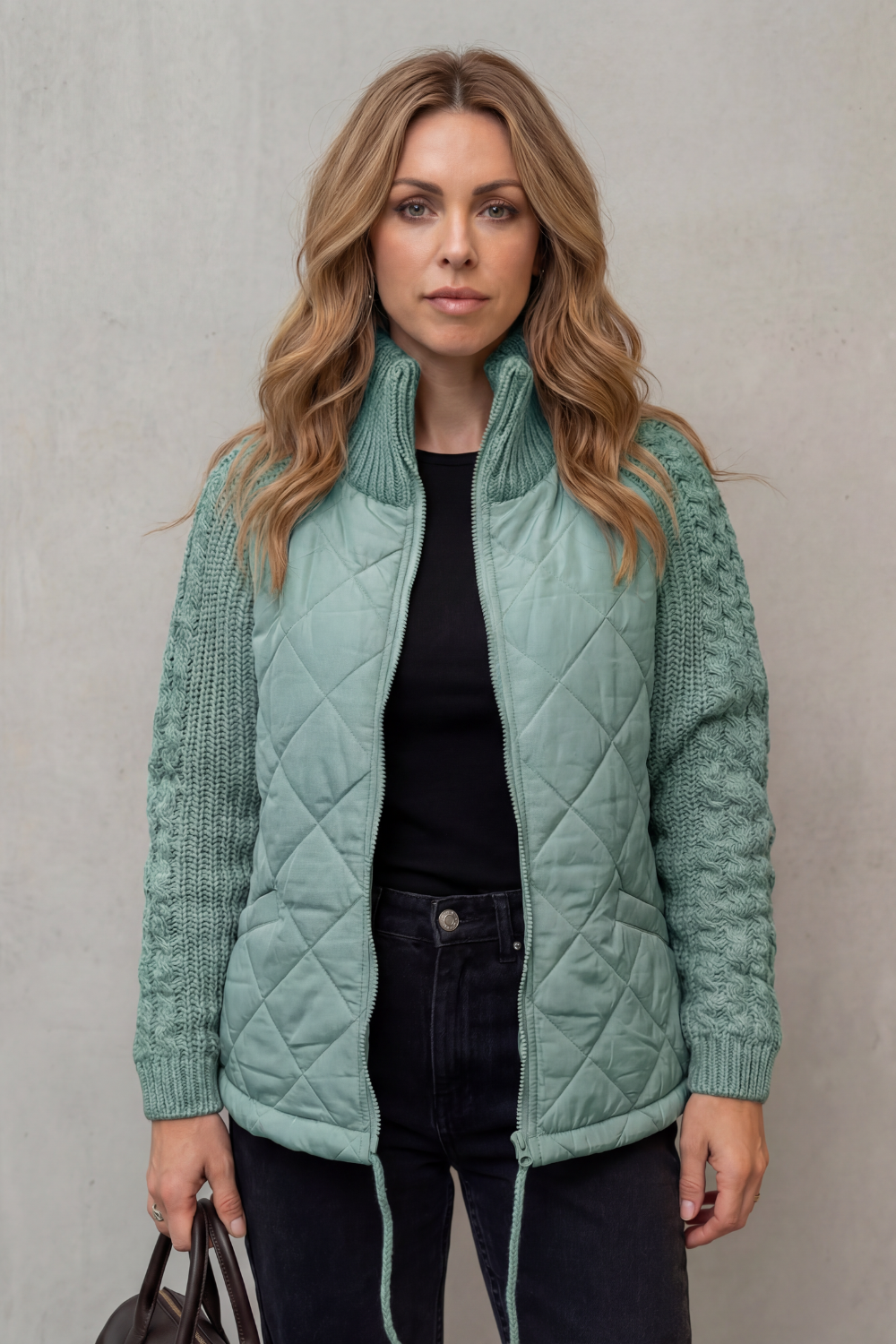Norcetta | Quilted Cable Knit Sleeve Zip Up Jacket