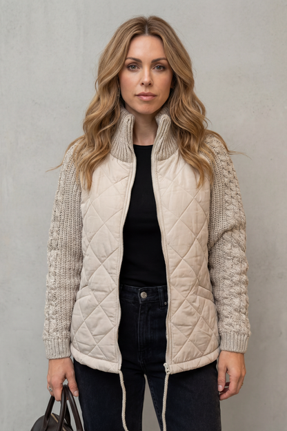 Norcetta | Quilted Cable Knit Sleeve Zip Up Jacket