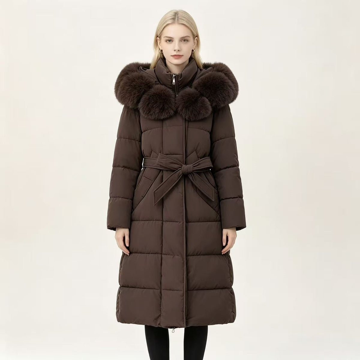 Maisie | Faux Fur Hood Tie Belt Long Puffer Coat
