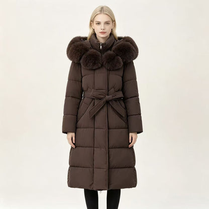 Maisie | Faux Fur Hood Tie Belt Long Puffer Coat
