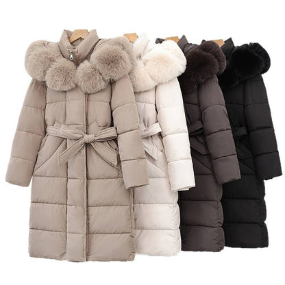 Maisie | Faux Fur Hood Tie Belt Long Puffer Coat