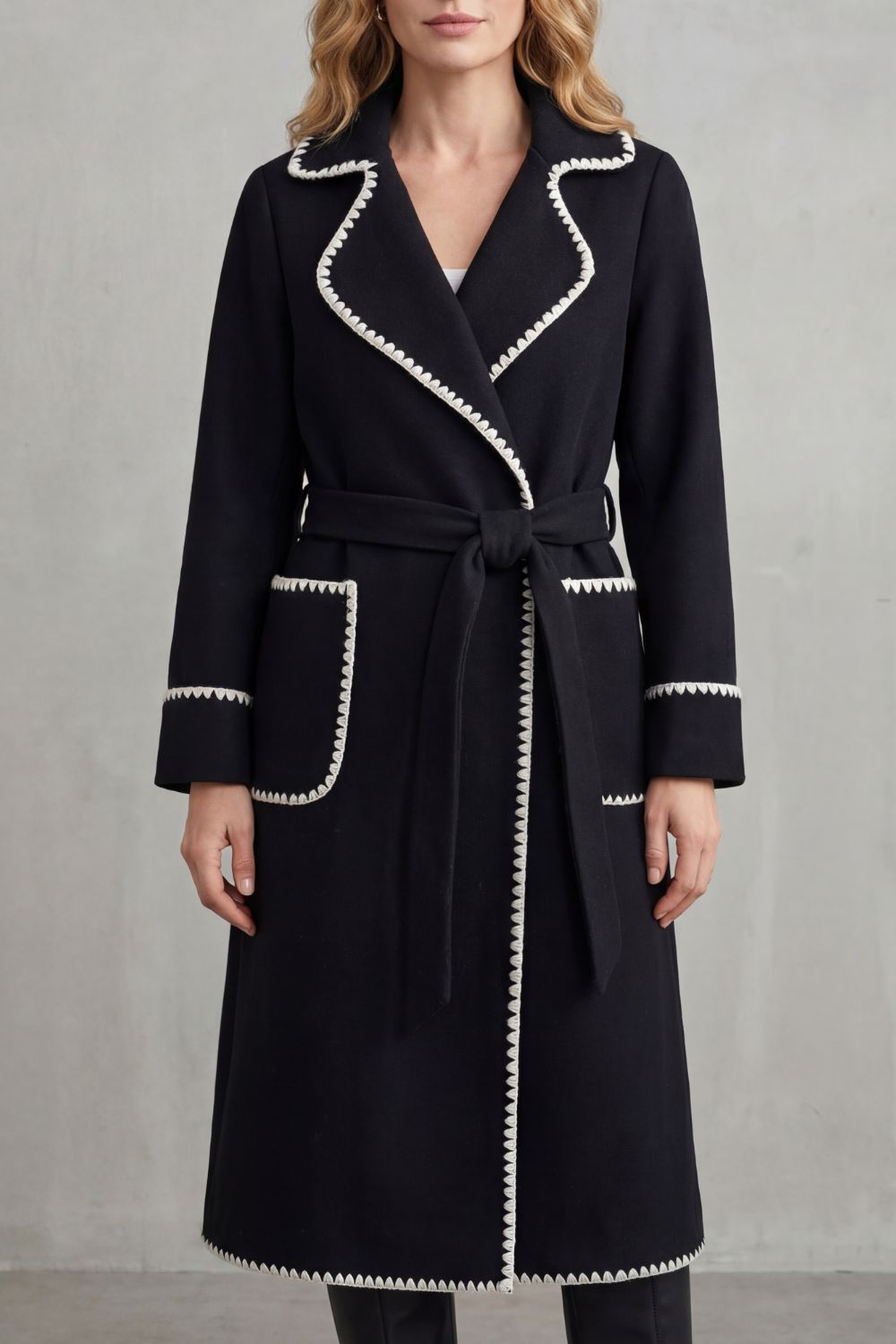 Olivia | Contrast Trim Belted Longline Wrap Coat