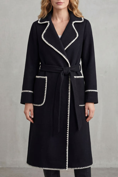 Olivia | Contrast Trim Belted Longline Wrap Coat