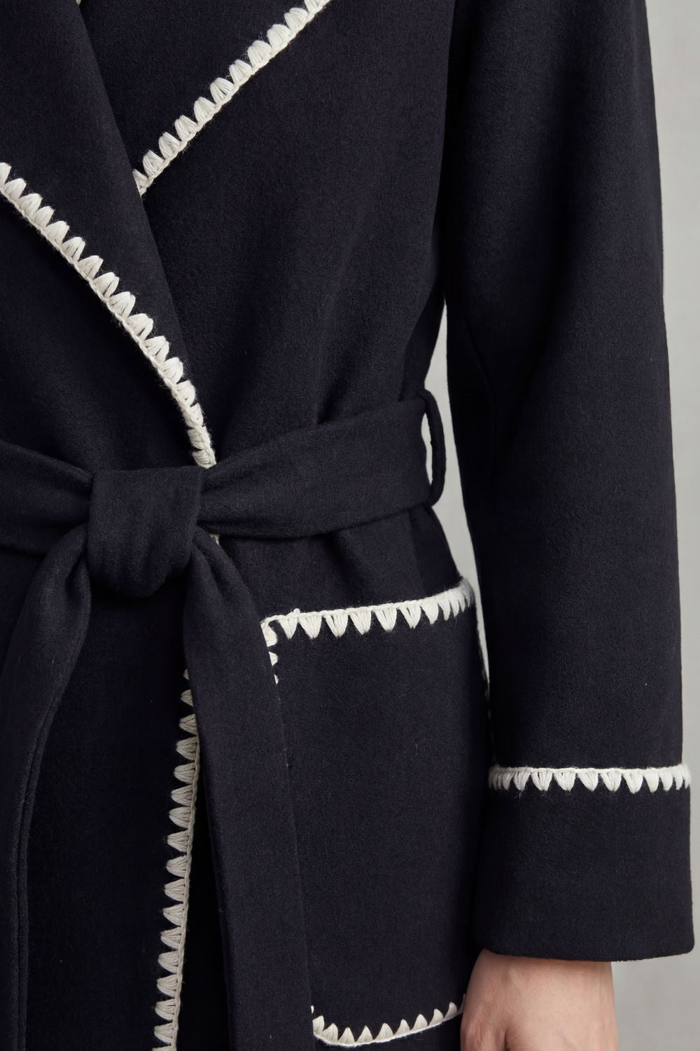 Olivia | Contrast Trim Belted Longline Wrap Coat