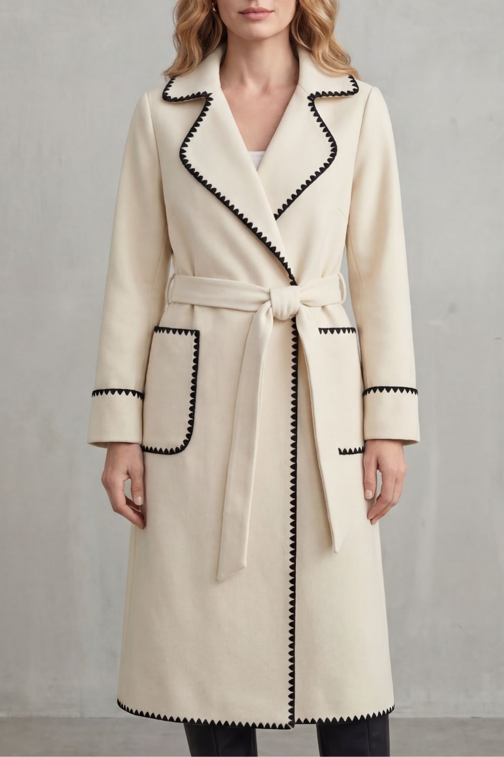 Olivia | Contrast Trim Belted Longline Wrap Coat