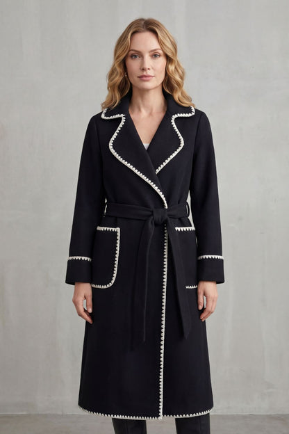 Olivia | Contrast Trim Belted Longline Wrap Coat
