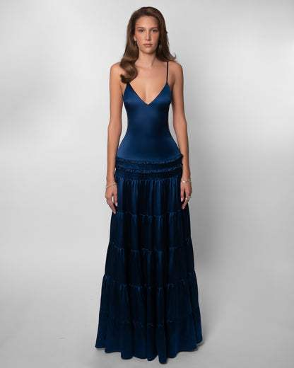 Raven Satin Tiered Maxi Dress