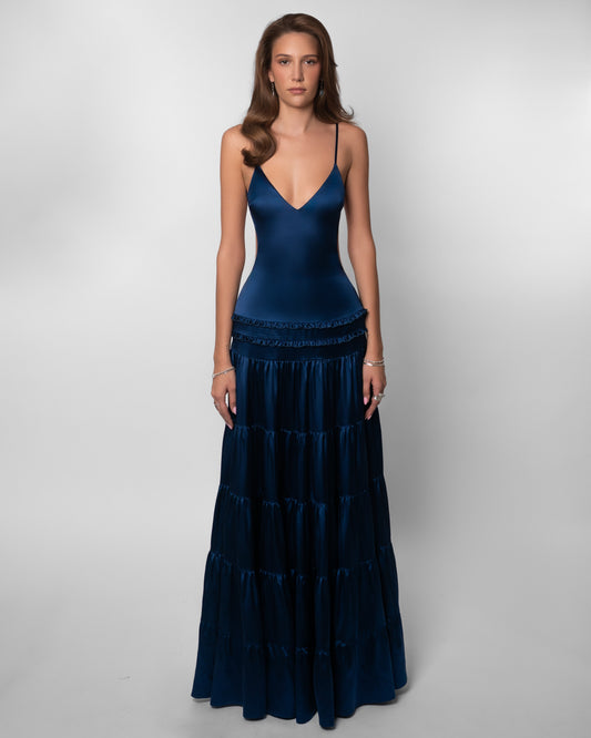 Raven Satin Tiered Maxi Dress