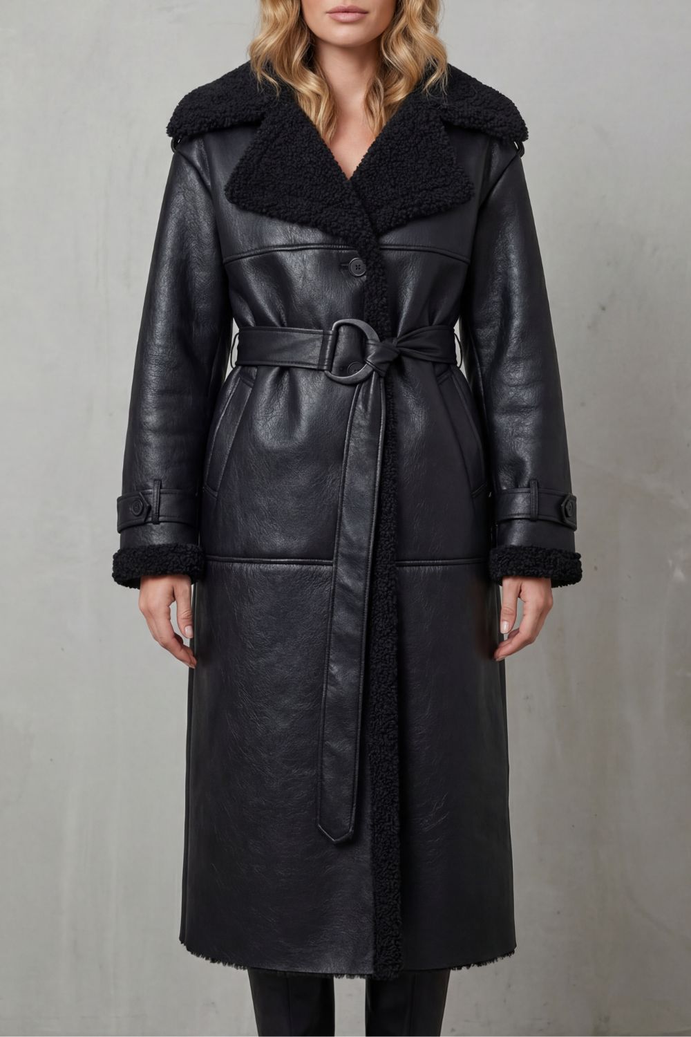 Ravienne | Oversized Shearling Trim Belted Longline Aviator Coat