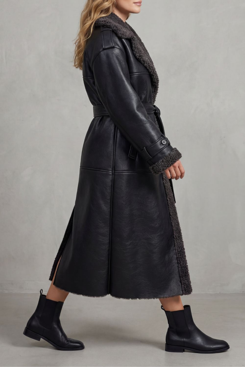 Ravienne | Oversized Shearling Trim Belted Longline Aviator Coat