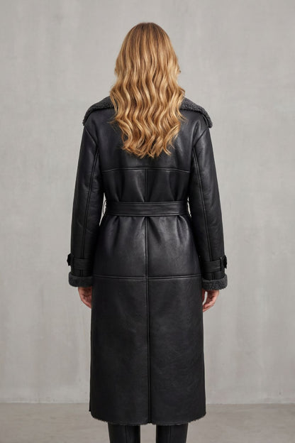 Ravienne | Oversized Shearling Trim Belted Longline Aviator Coat