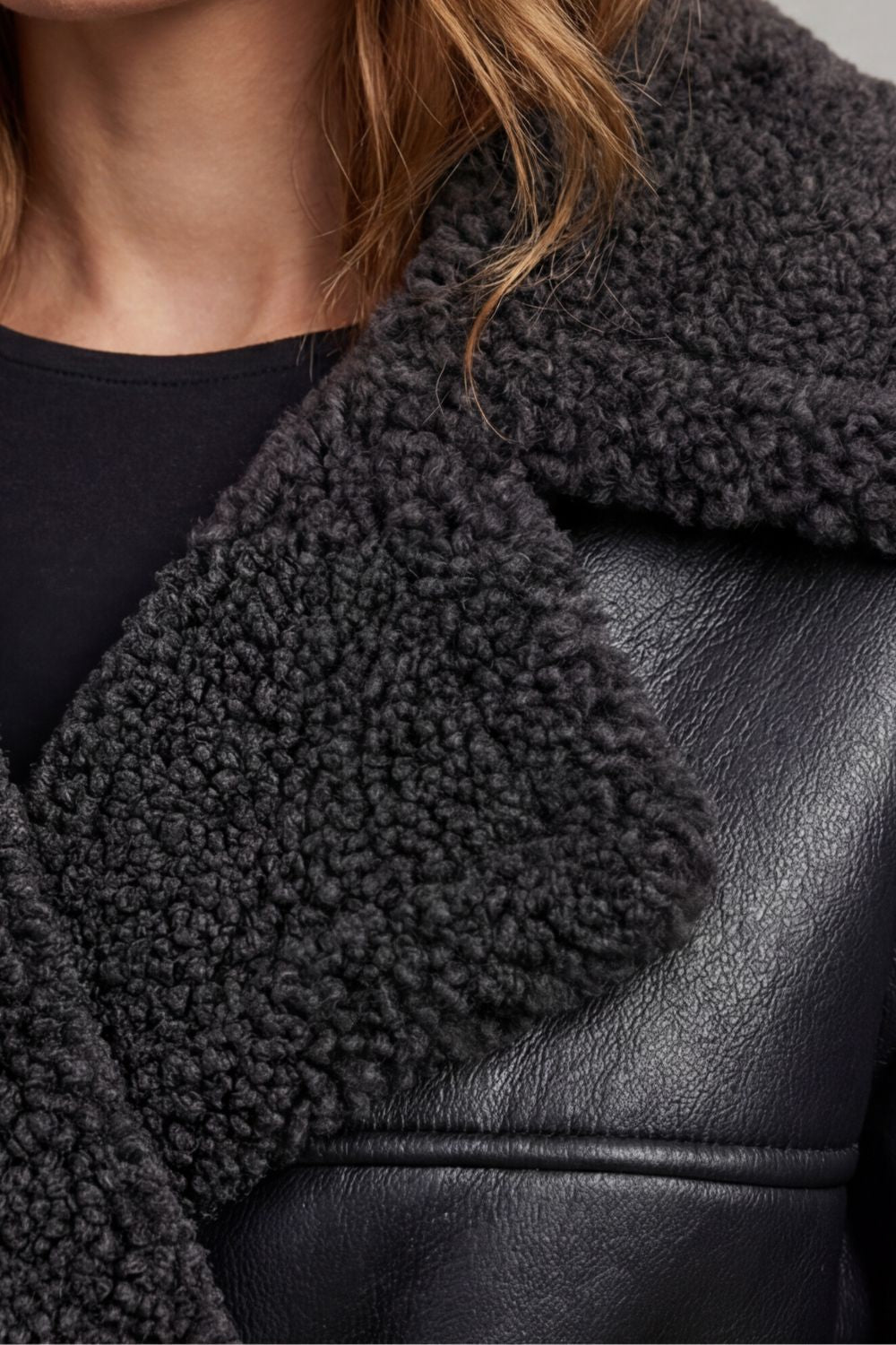 Ravienne | Oversized Shearling Trim Belted Longline Aviator Coat