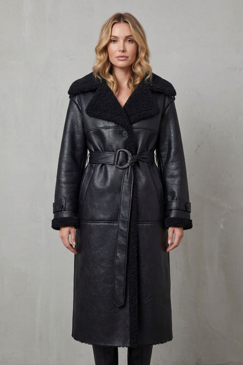 Ravienne | Oversized Shearling Trim Belted Longline Aviator Coat
