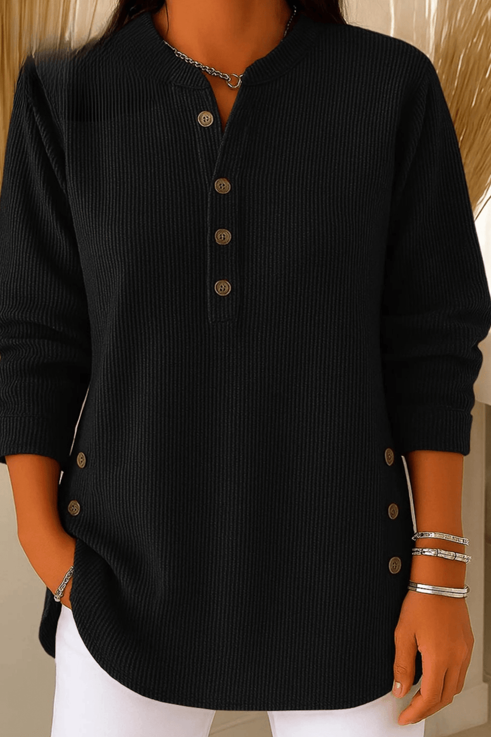 Hanna | Side Button Ribbed Henley Tunic Top