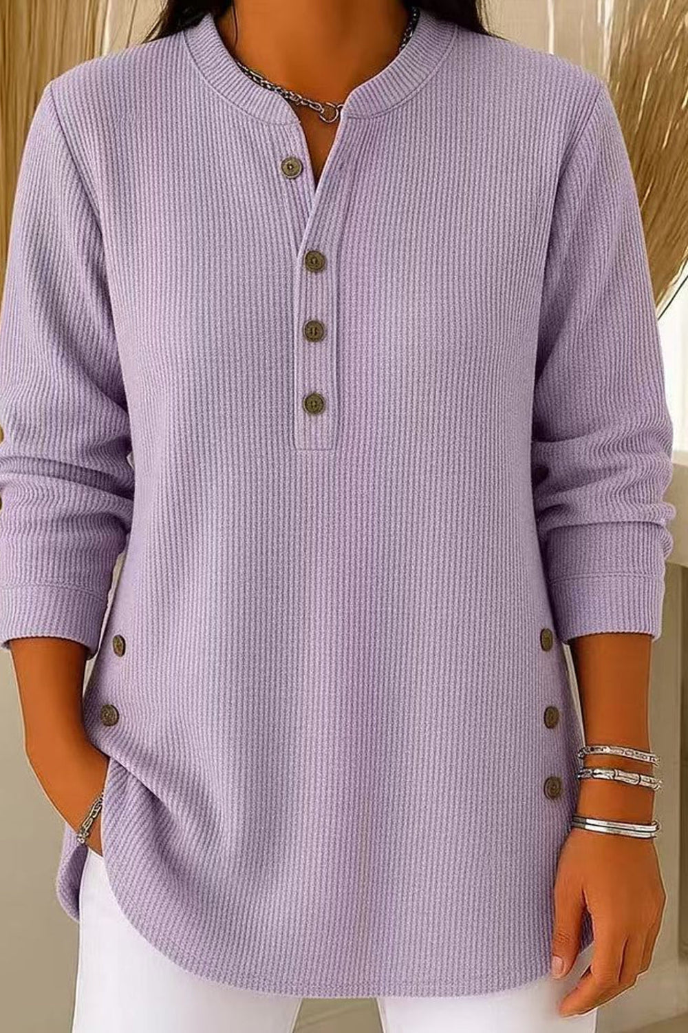 Hanna | Side Button Ribbed Henley Tunic Top