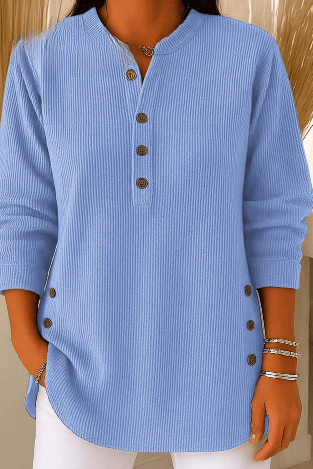 Hanna | Side Button Ribbed Henley Tunic Top