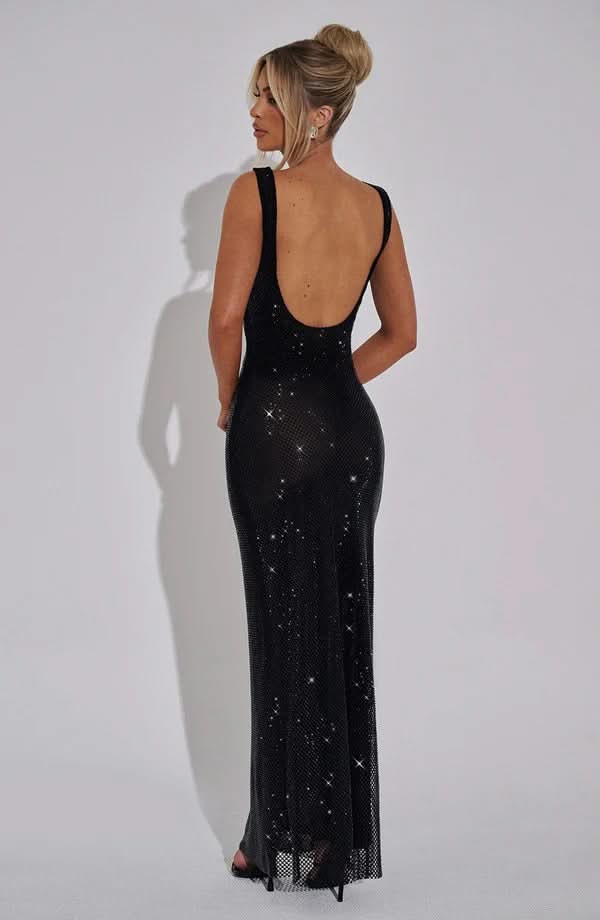 Nadia | Rhinestone Mesh Strappy Maxi Dress