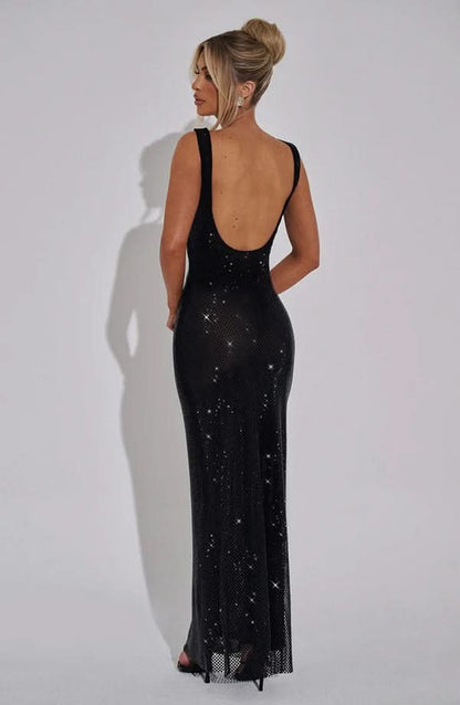 Nadia | Rhinestone Mesh Strappy Maxi Dress