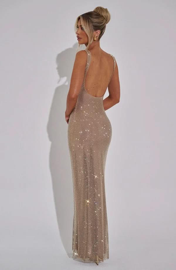 Nadia | Rhinestone Mesh Strappy Maxi Dress