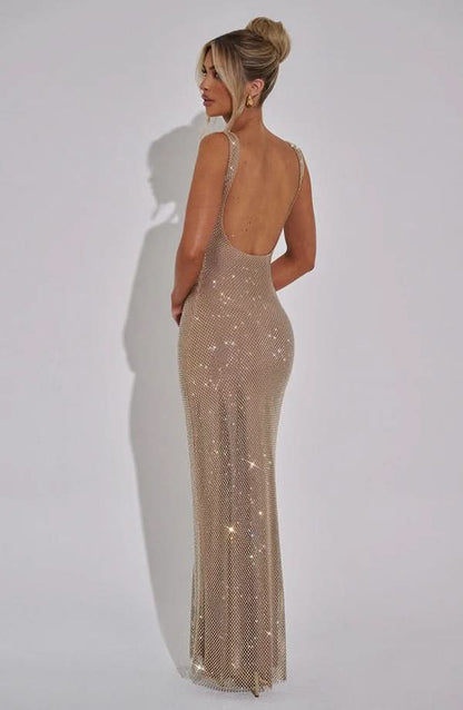 Nadia | Rhinestone Mesh Strappy Maxi Dress