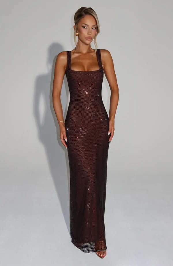 Nadia | Rhinestone Mesh Strappy Maxi Dress