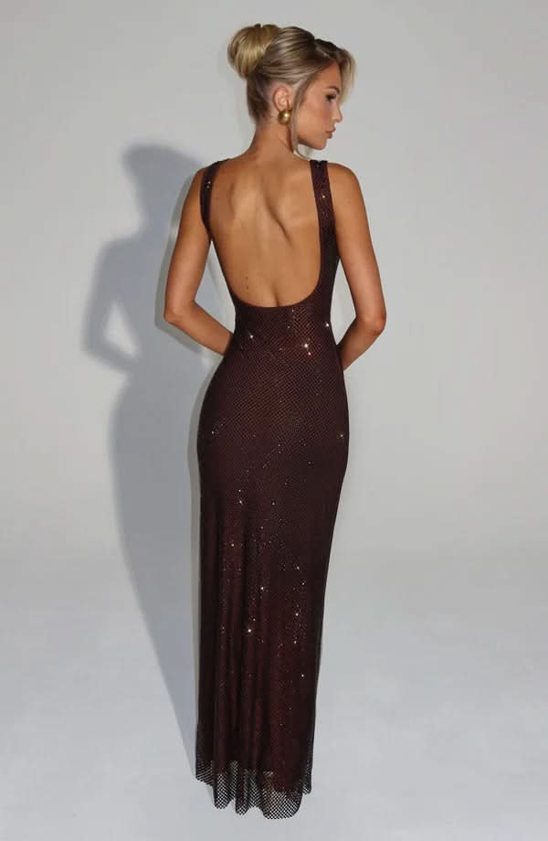 Nadia | Rhinestone Mesh Strappy Maxi Dress
