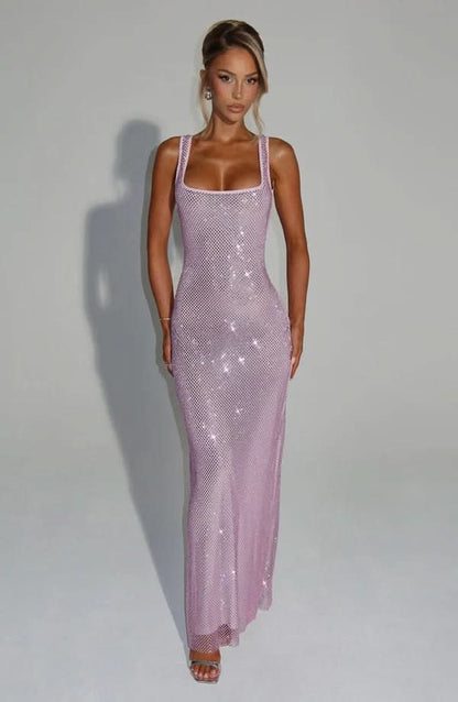 Nadia | Rhinestone Mesh Strappy Maxi Dress