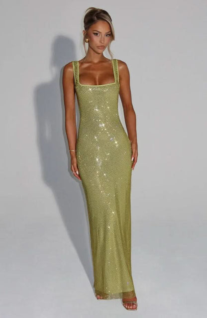 Nadia | Rhinestone Mesh Strappy Maxi Dress