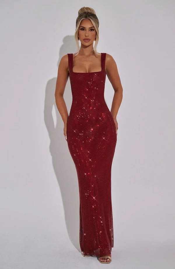 Nadia | Rhinestone Mesh Strappy Maxi Dress