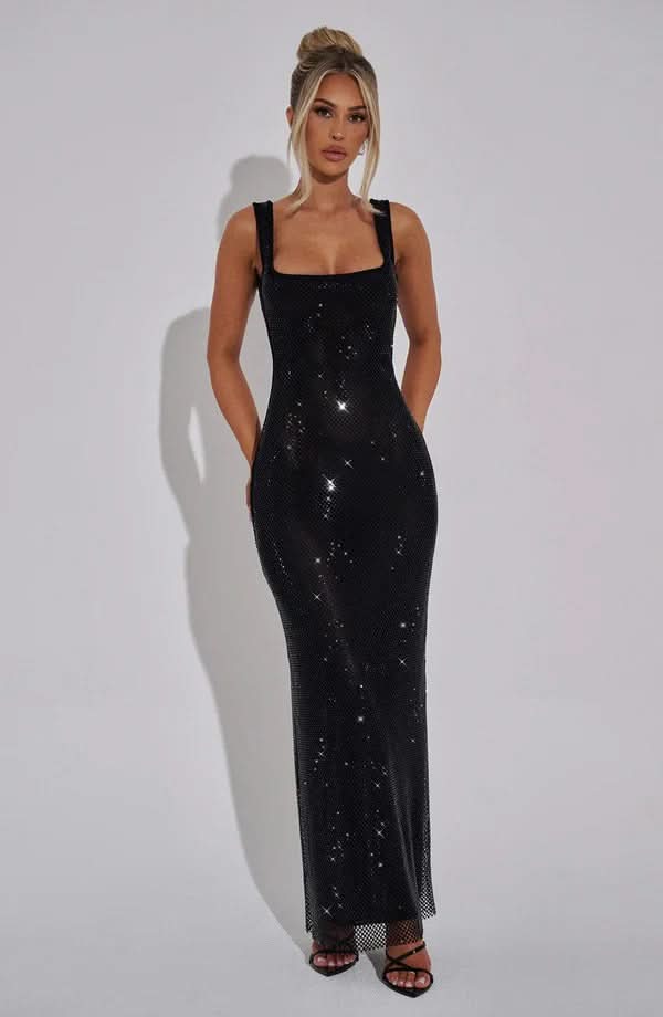 Nadia | Rhinestone Mesh Strappy Maxi Dress