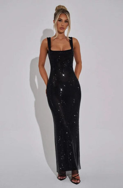 Nadia | Rhinestone Mesh Strappy Maxi Dress