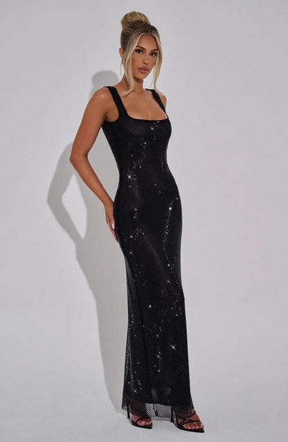 Nadia | Rhinestone Mesh Strappy Maxi Dress