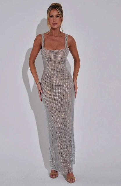 Nadia | Rhinestone Mesh Strappy Maxi Dress