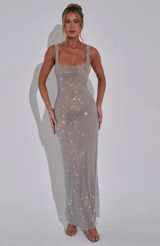 Nadia | Rhinestone Mesh Strappy Maxi Dress