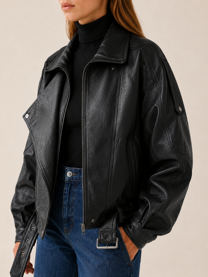 Sienna | Oversized Front Zip Leather Jacket