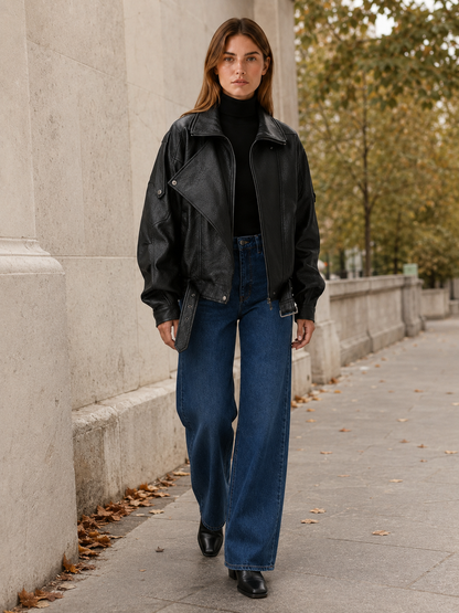 Sienna | Oversized Front Zip Leather Jacket