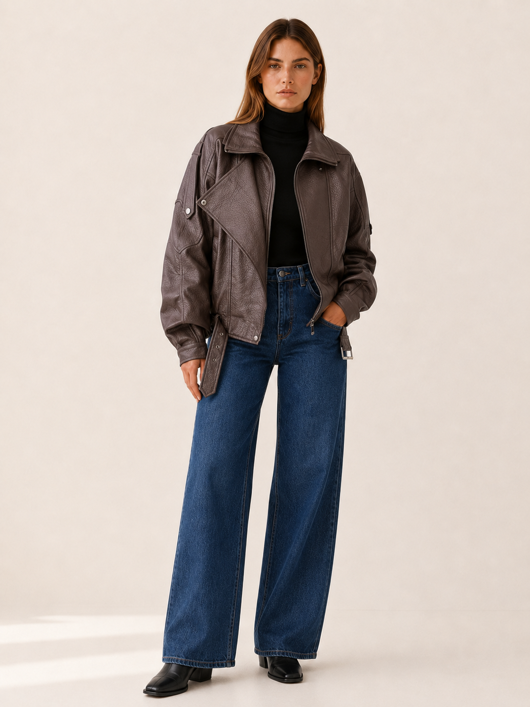Sienna | Oversized Front Zip Leather Jacket