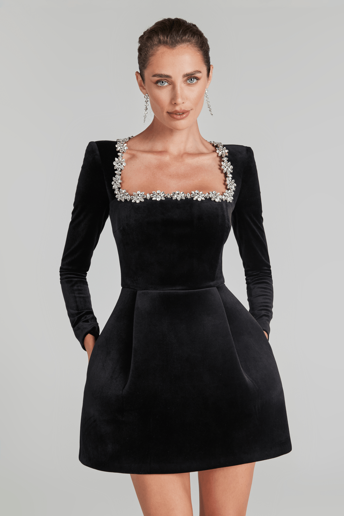 Ines | Velvet Square Neck Embellished Mini Dress