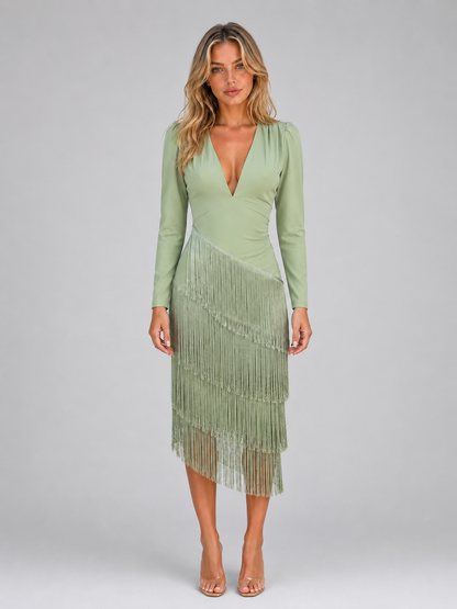 Sofia | Deep V-Neck Fringe Long Sleeve Midi Dress