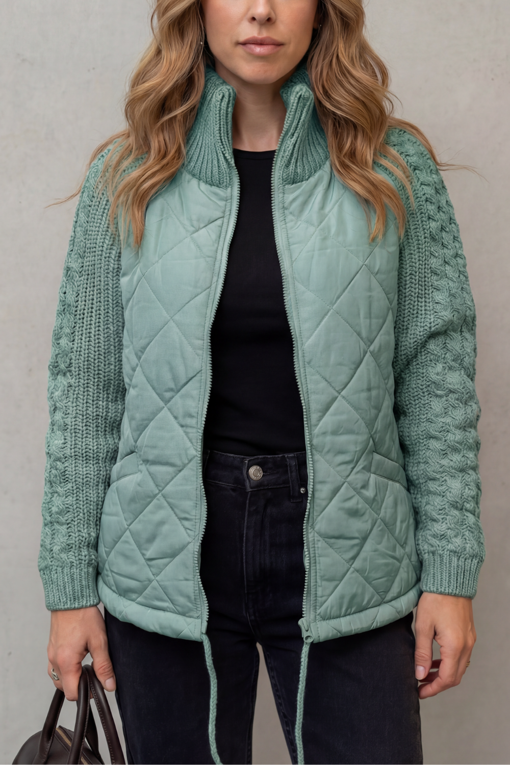 Sofia | Quilted Cable Knit Sleeve Zip Up Jacket